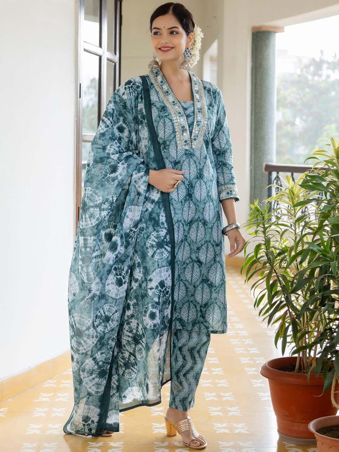 omask floral printed sequinned pure cotton straight kurta with trousers & dupatta