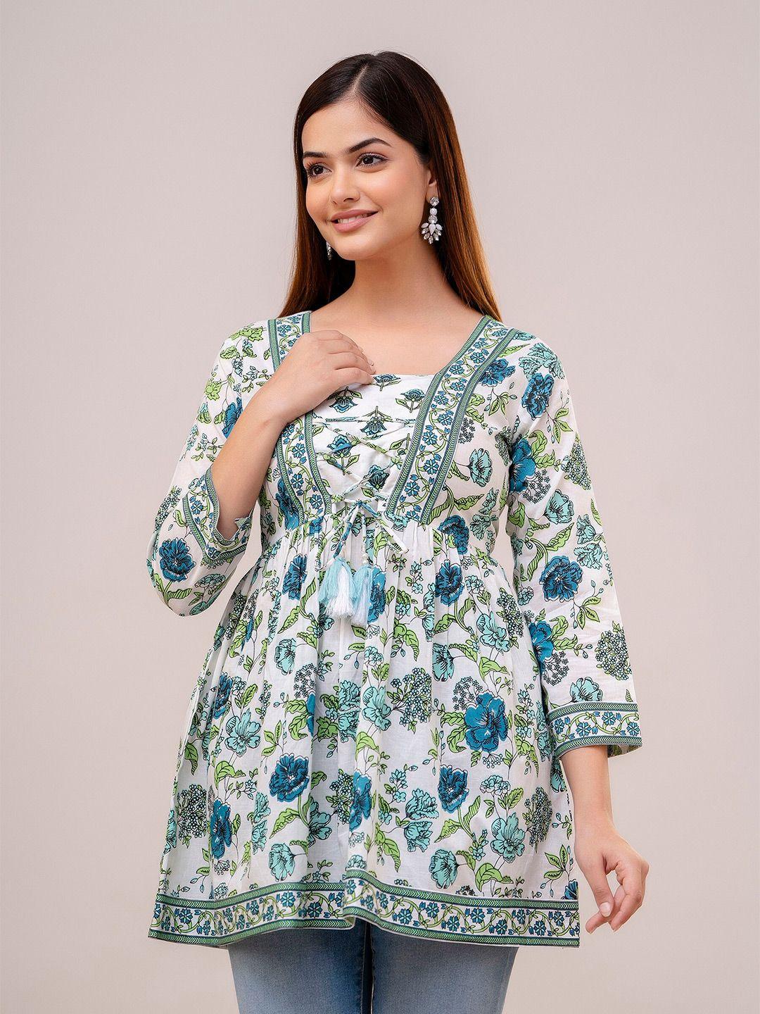 omask floral printed square neck thread work pure cotton a-line kurti