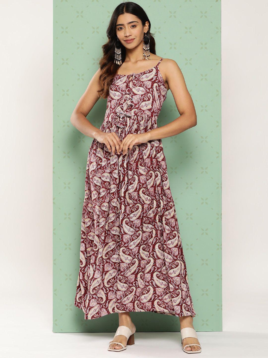 omask floral printed tie-ups detail fit & flare maxi dress