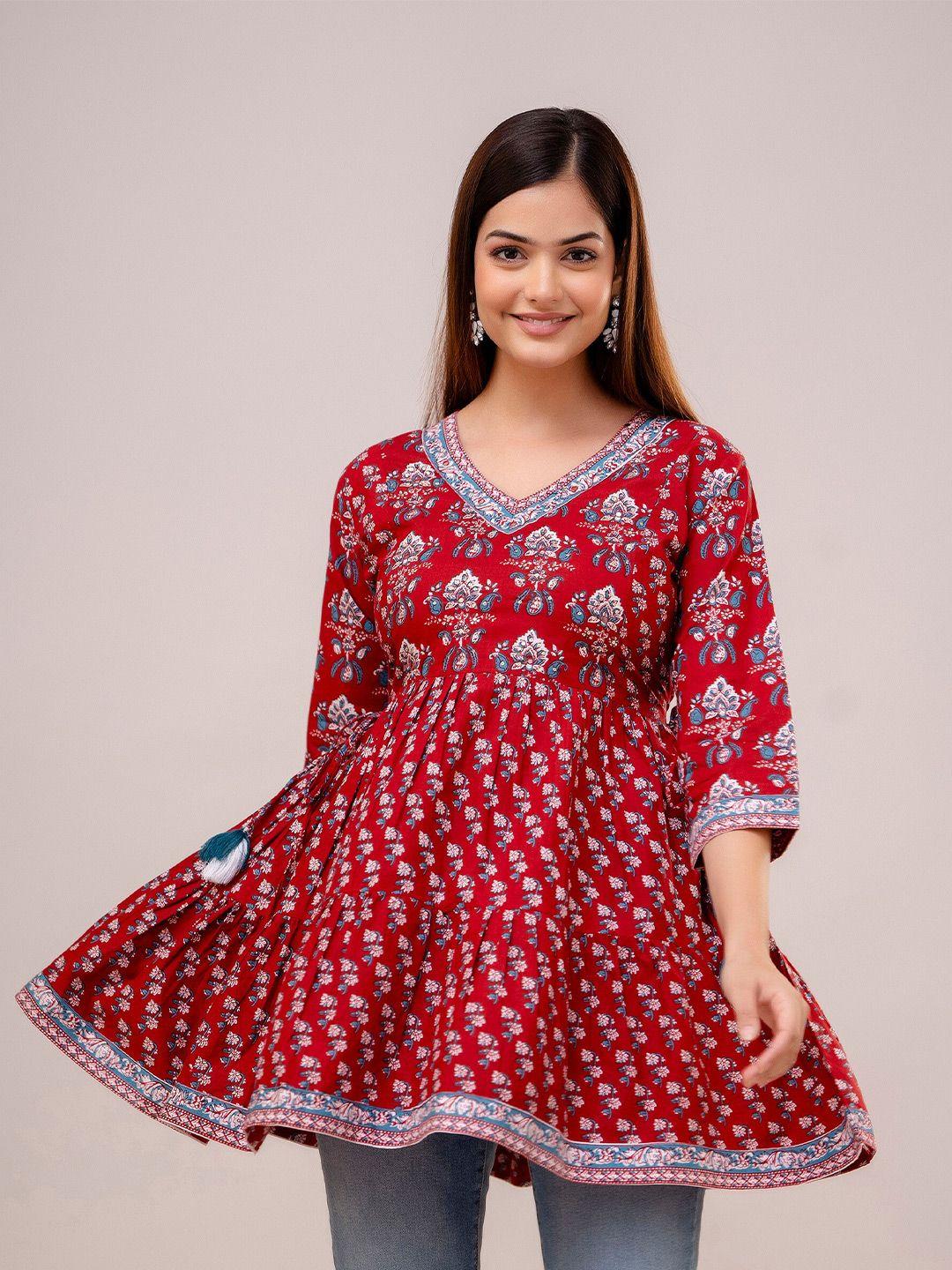 omask floral printed v-neck a-line pure cotton kurti