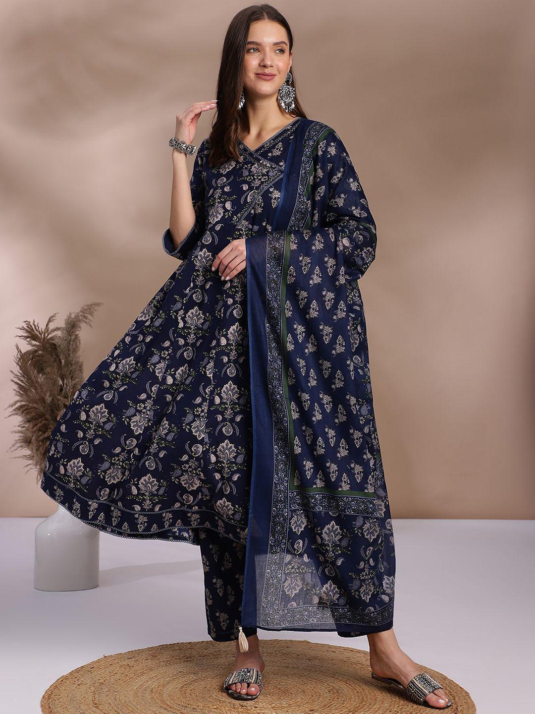 omask floral printed wrap anarkali pure cotton kurta with trousers & dupatta