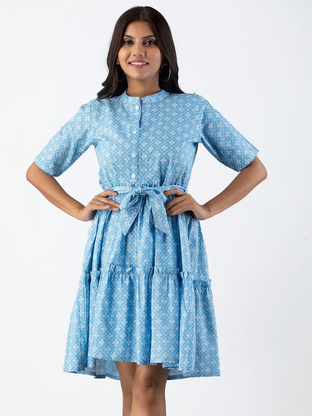 omask printed cotton mandarin collar fit and flare dress
