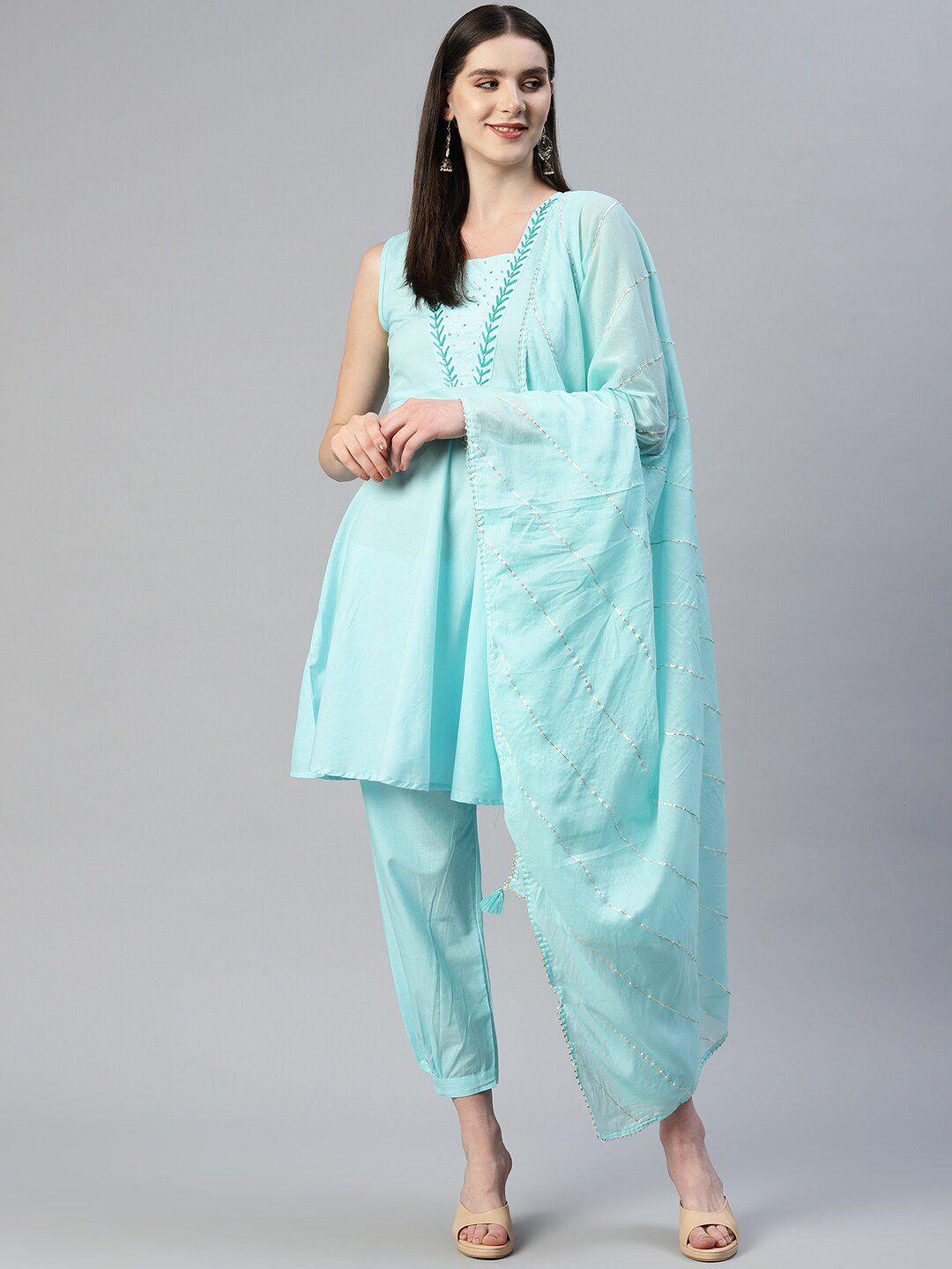 omask sequined pure cotton kurta with trousers & dupatta
