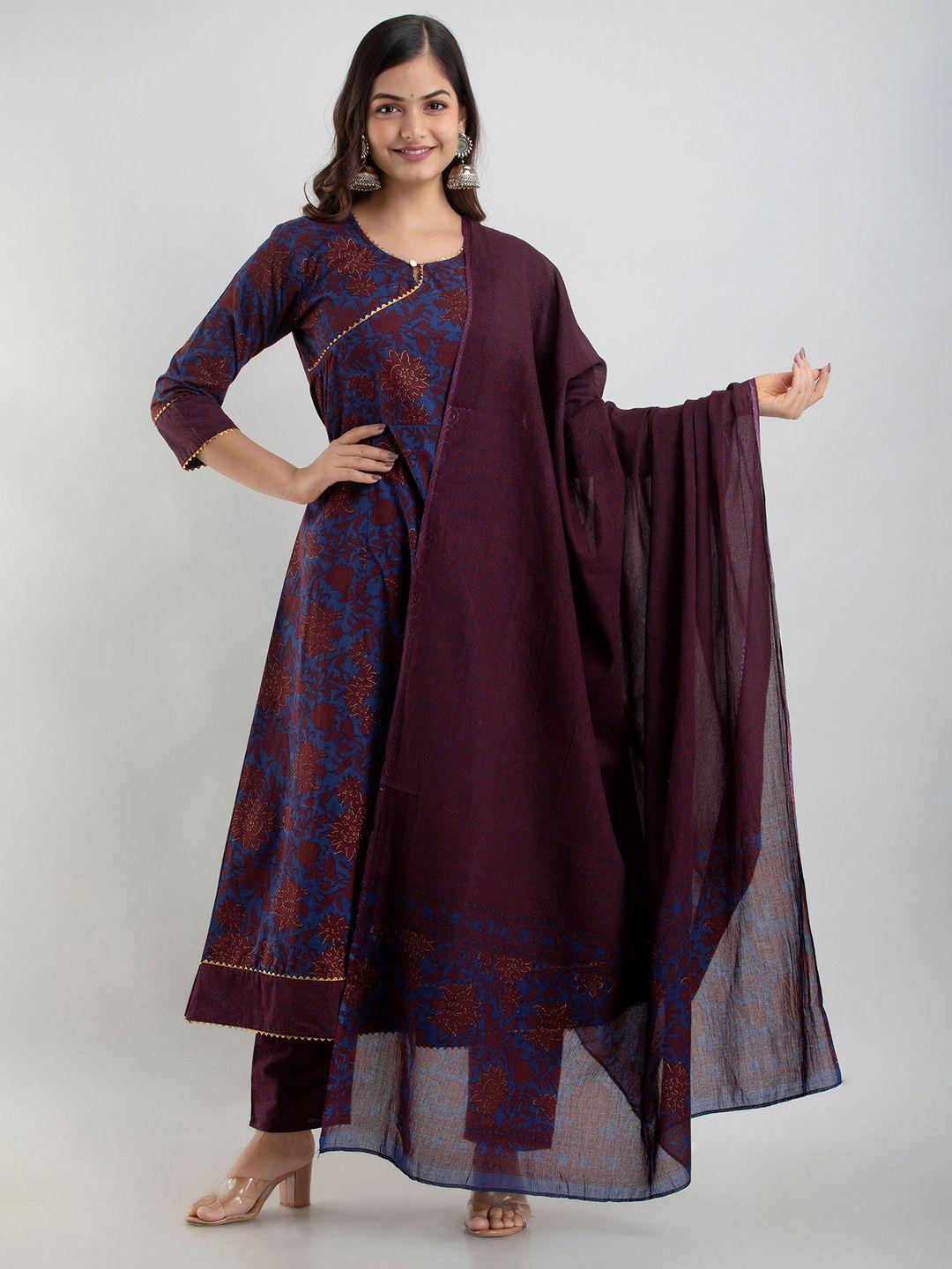 omask women blue floral printed kurta with trousers & with dupatta