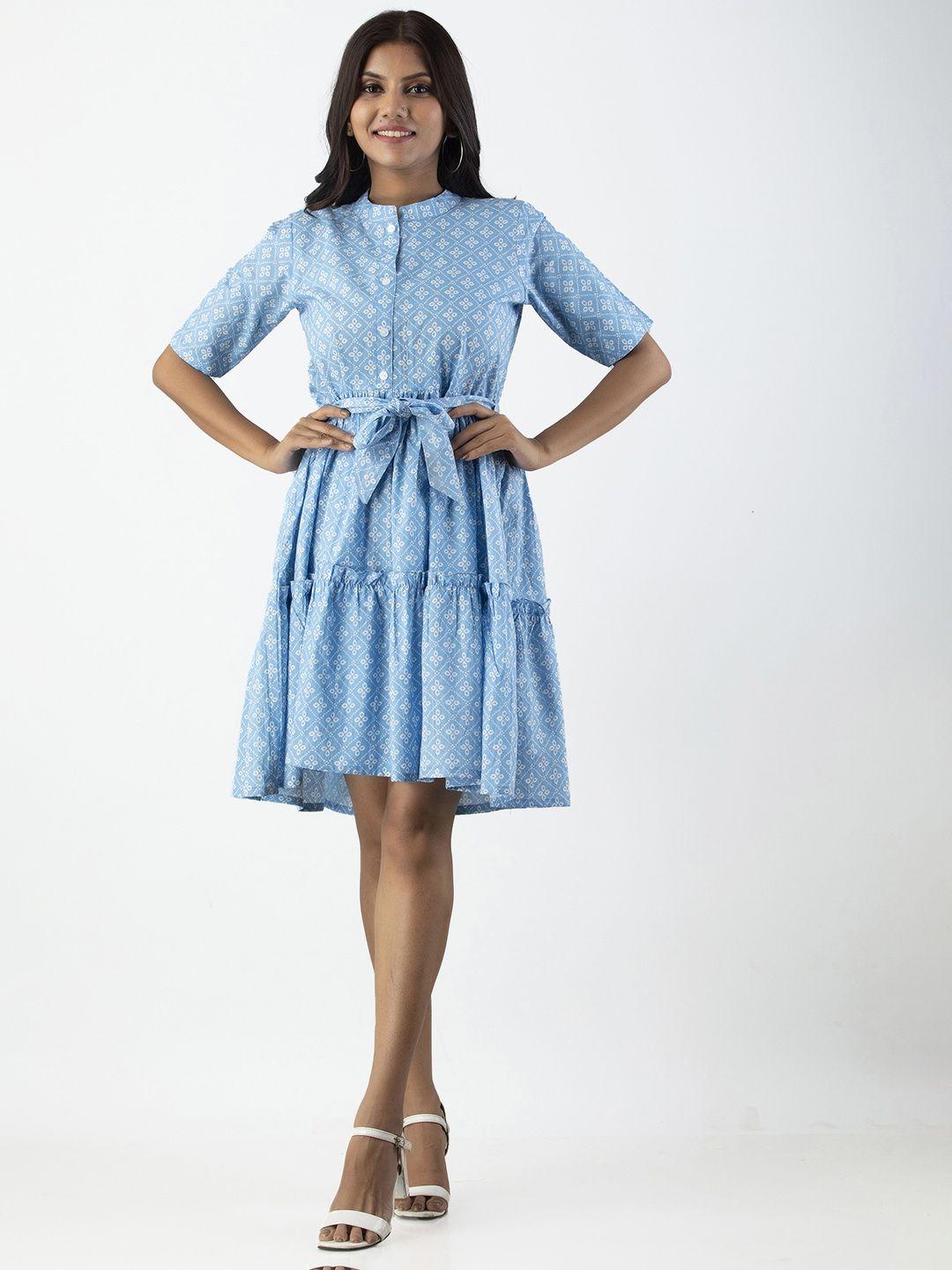 omask women blue printed cotton dress