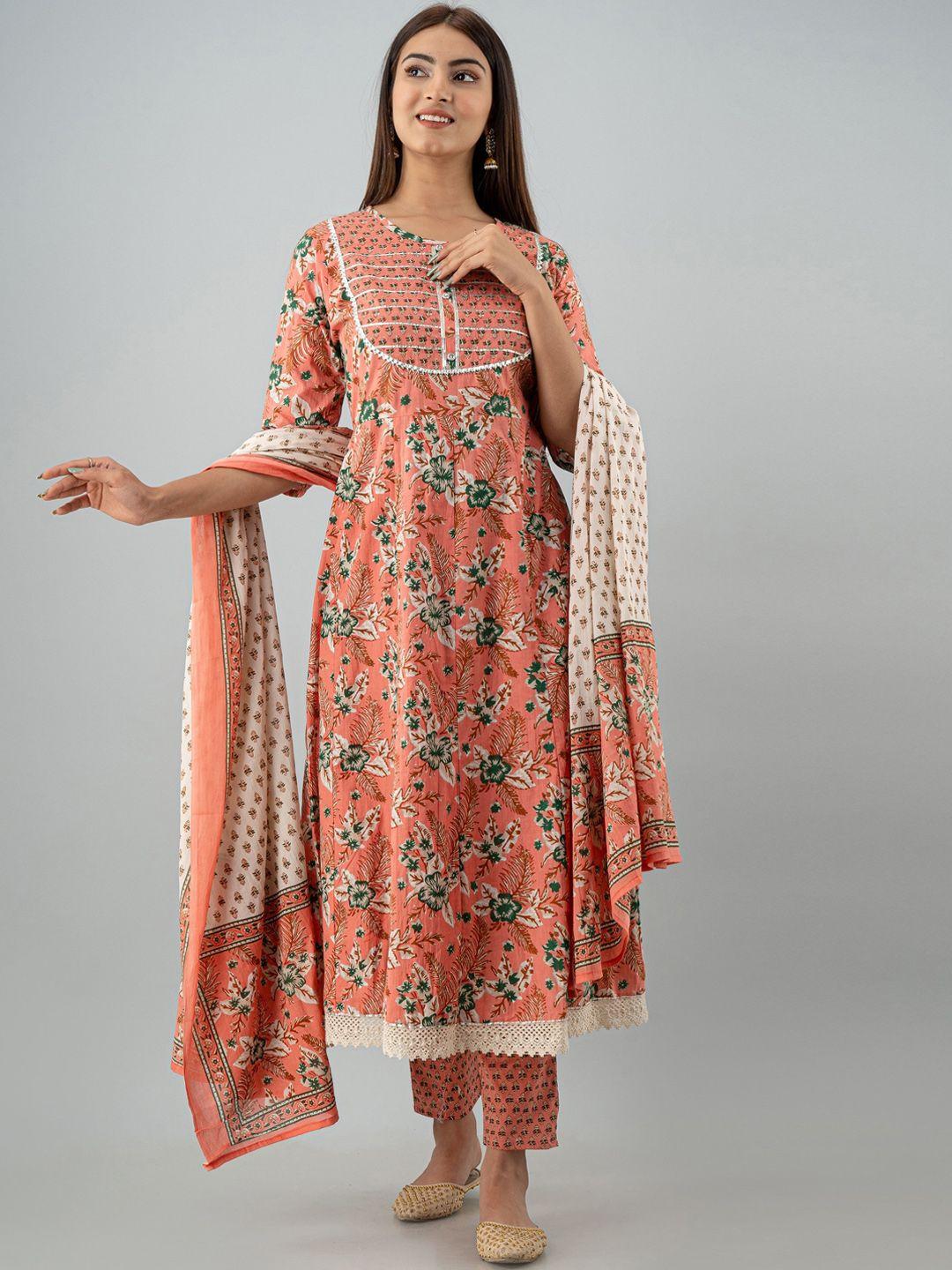 omask women coral ethnic motifs printed gotta patti pure cotton kurta with trousers & with dupatta