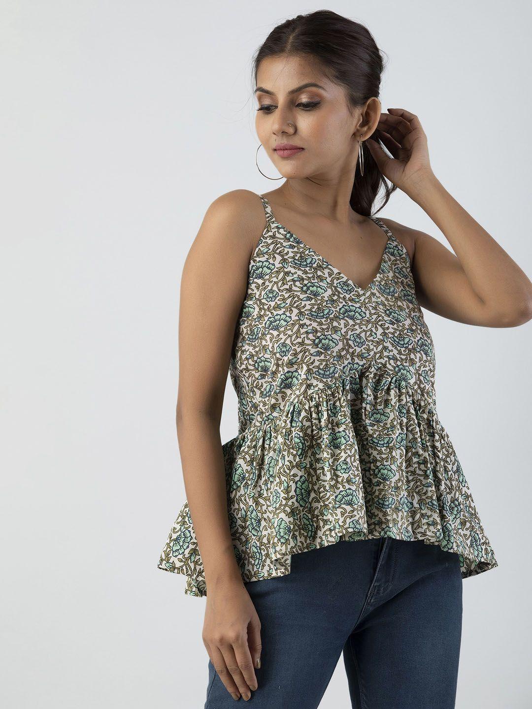 omask women green floral print cotton peplum top