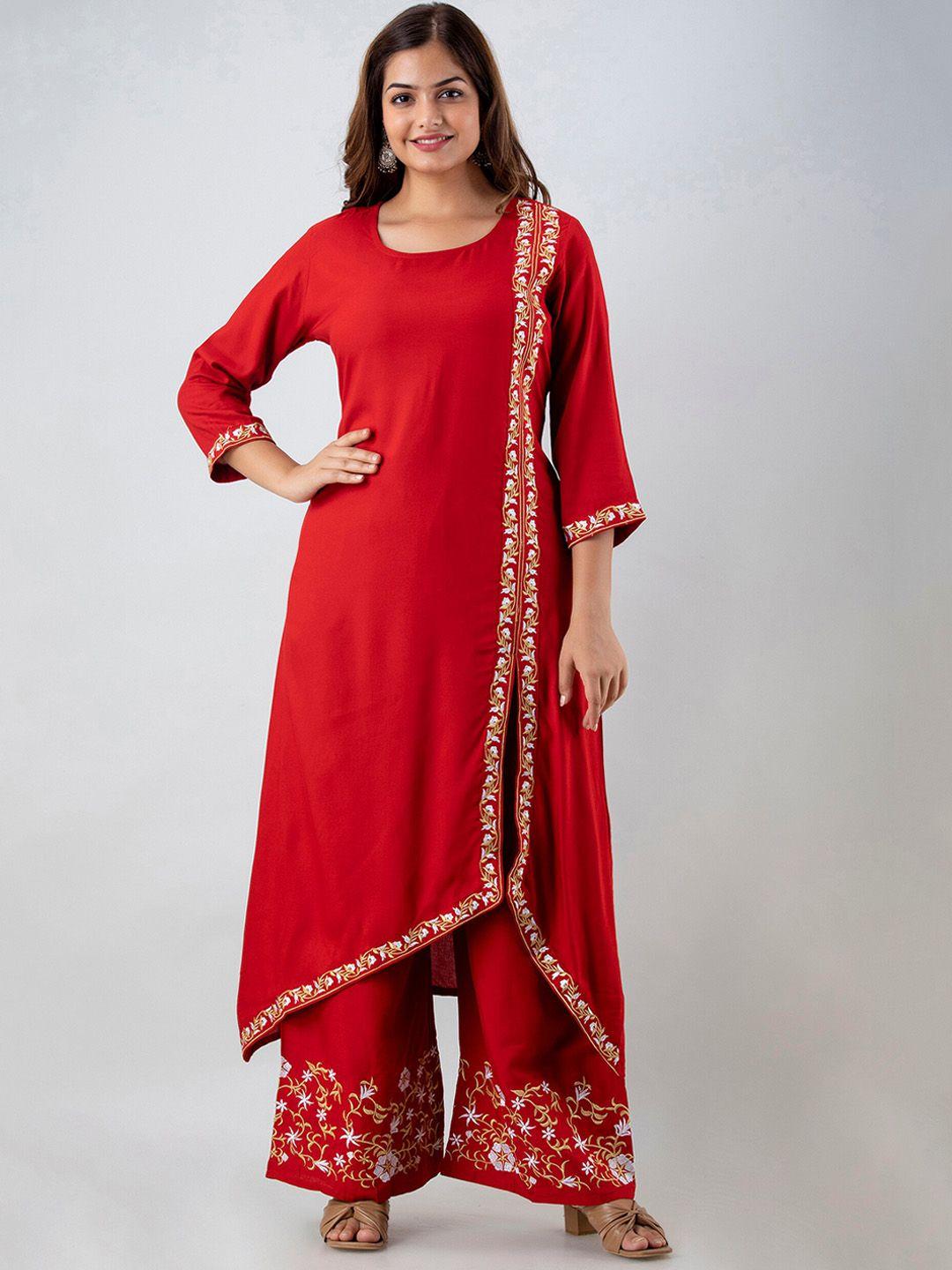 omask women maroon floral embroidered kurta with palazzos