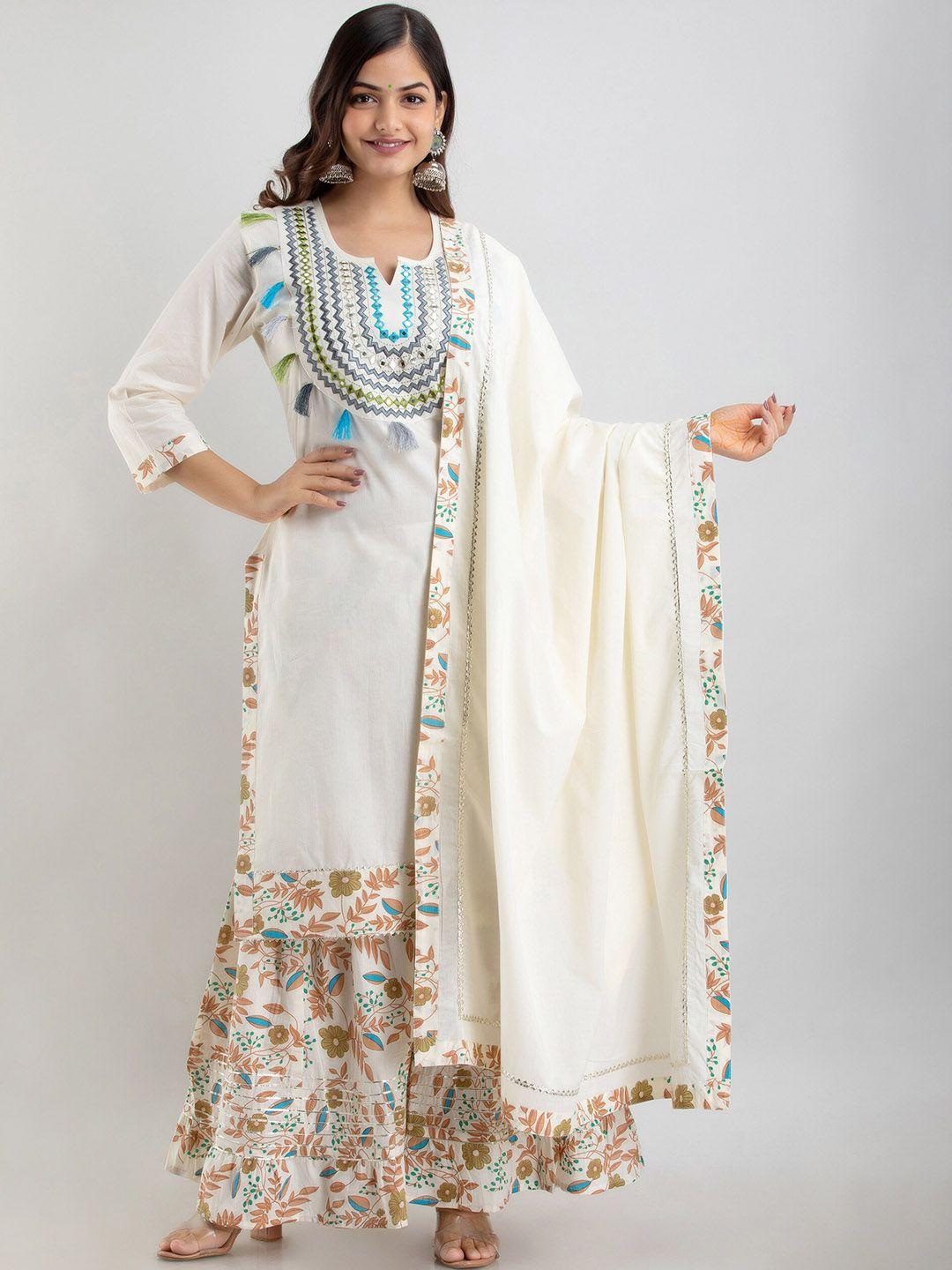 omask women off white floral embroidered mirror work pure cotton kurta with sharara & with dupatta