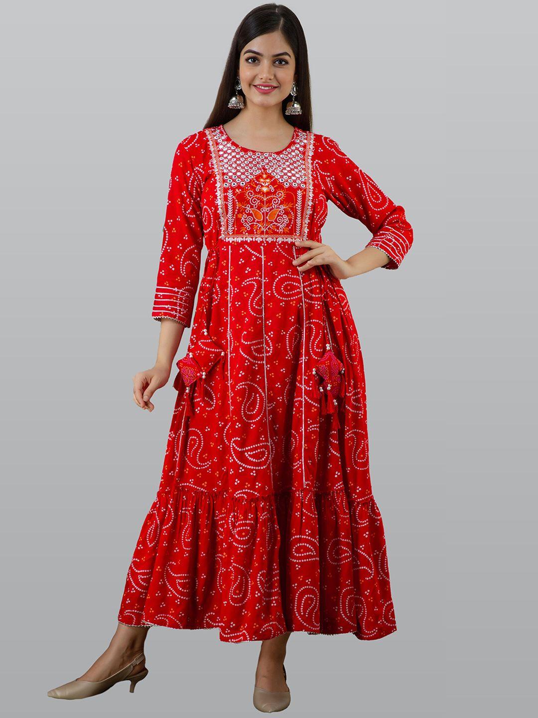 omask women red leheriya printed gotta patti kurta