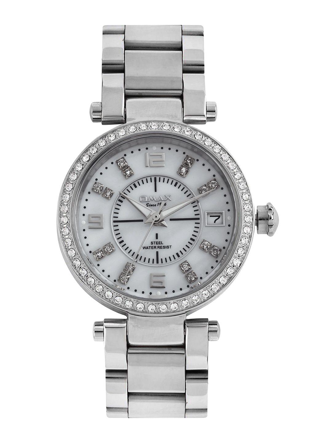 omax women pearly white dial watch