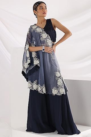 ombre blue organza embellished cape set