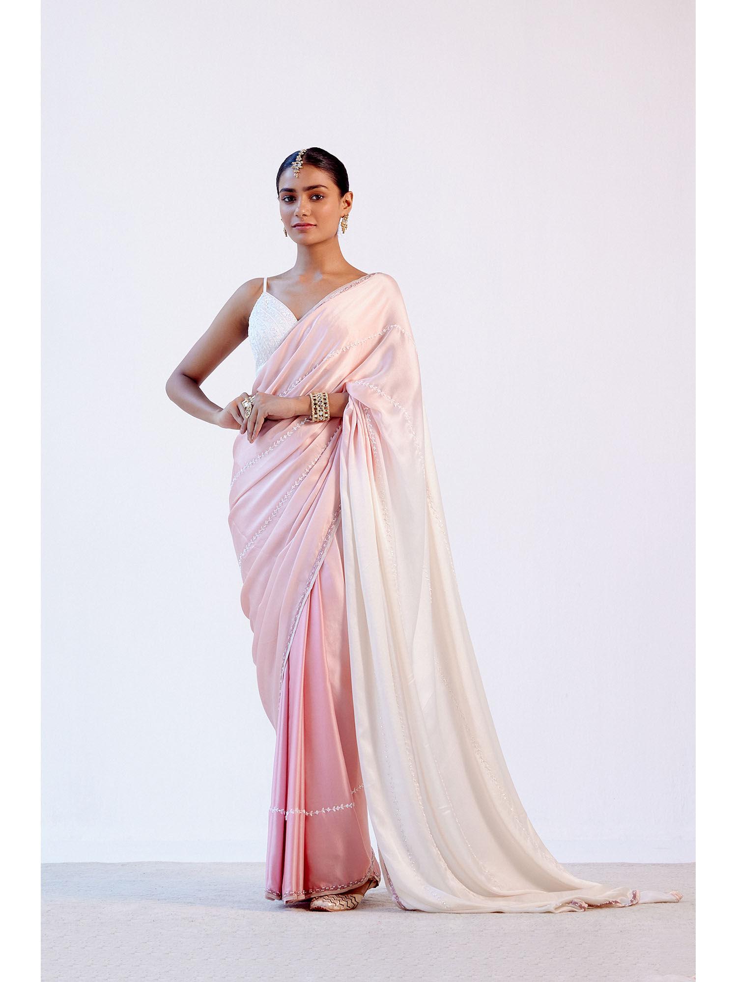 ombre blush pink satin saree with stitched blouse