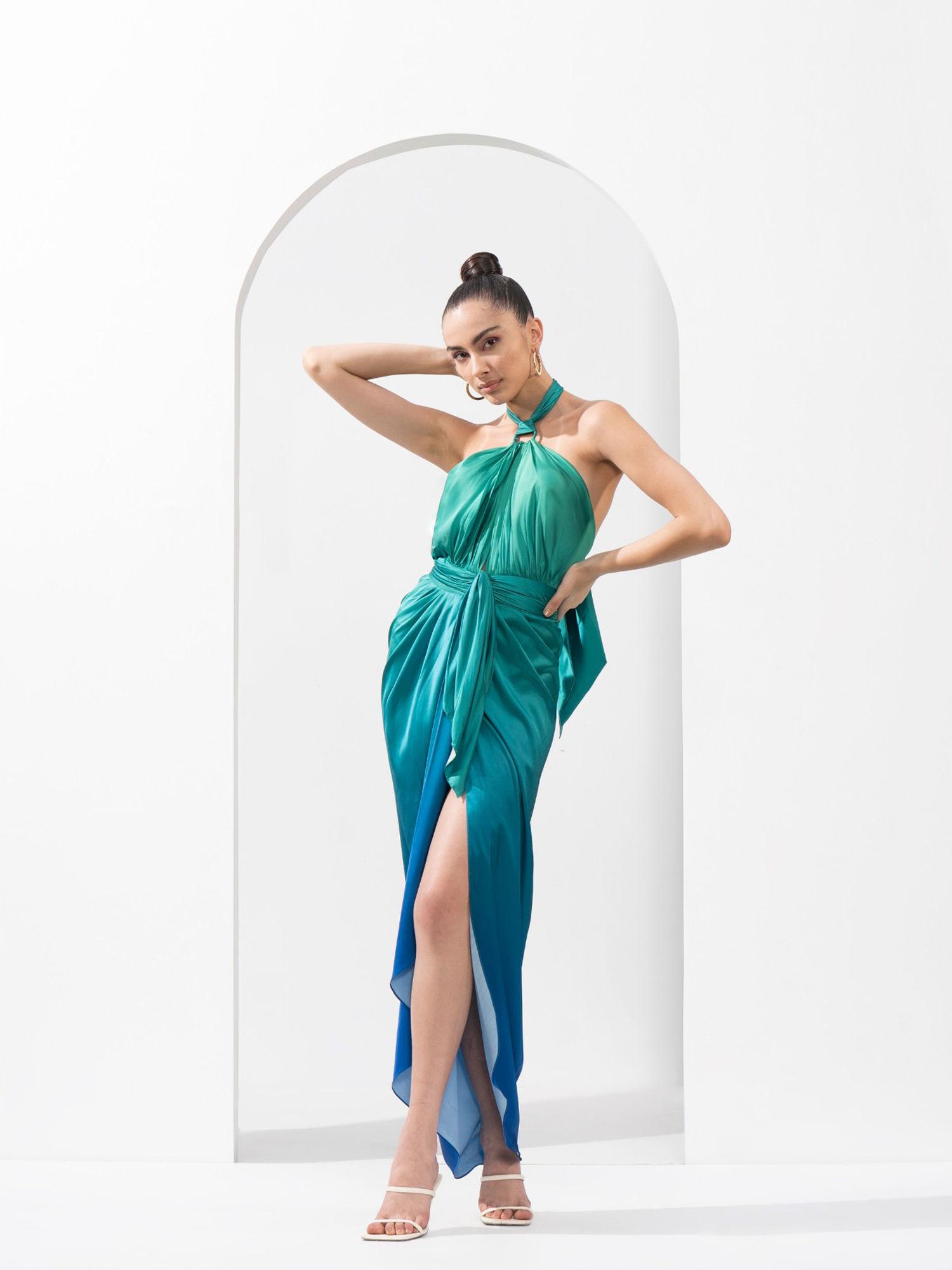 ombre dress made from lustrous satin with draped waist