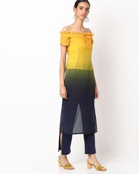 ombre-dyed off-shoulder straight kurta