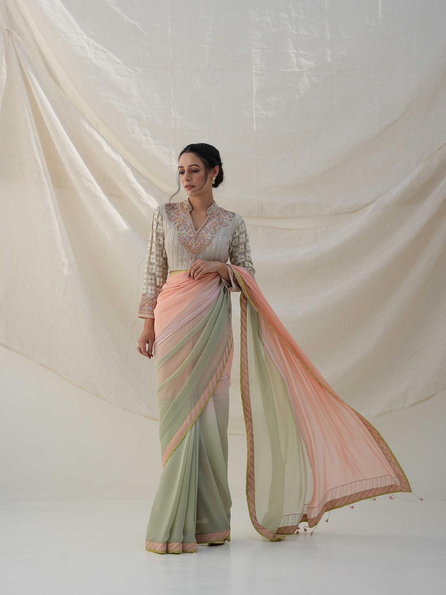 ombre georgette embroidered border multi-colour saree with stitched blouse