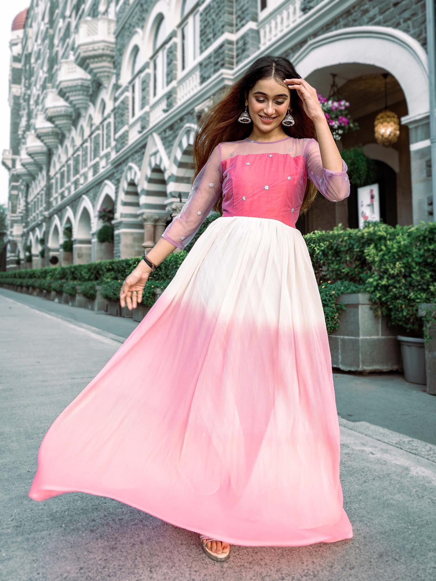 ombre pink & white georgette pleated dress