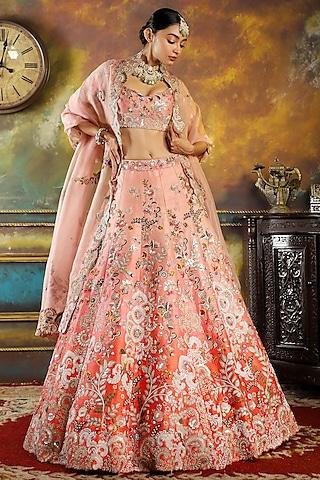 ombre pink pure raw silk embroidered lehenga set