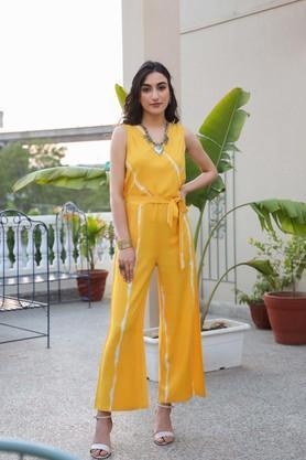 ombre rayon sleeveless women's ankle length jumpsuit - yellow