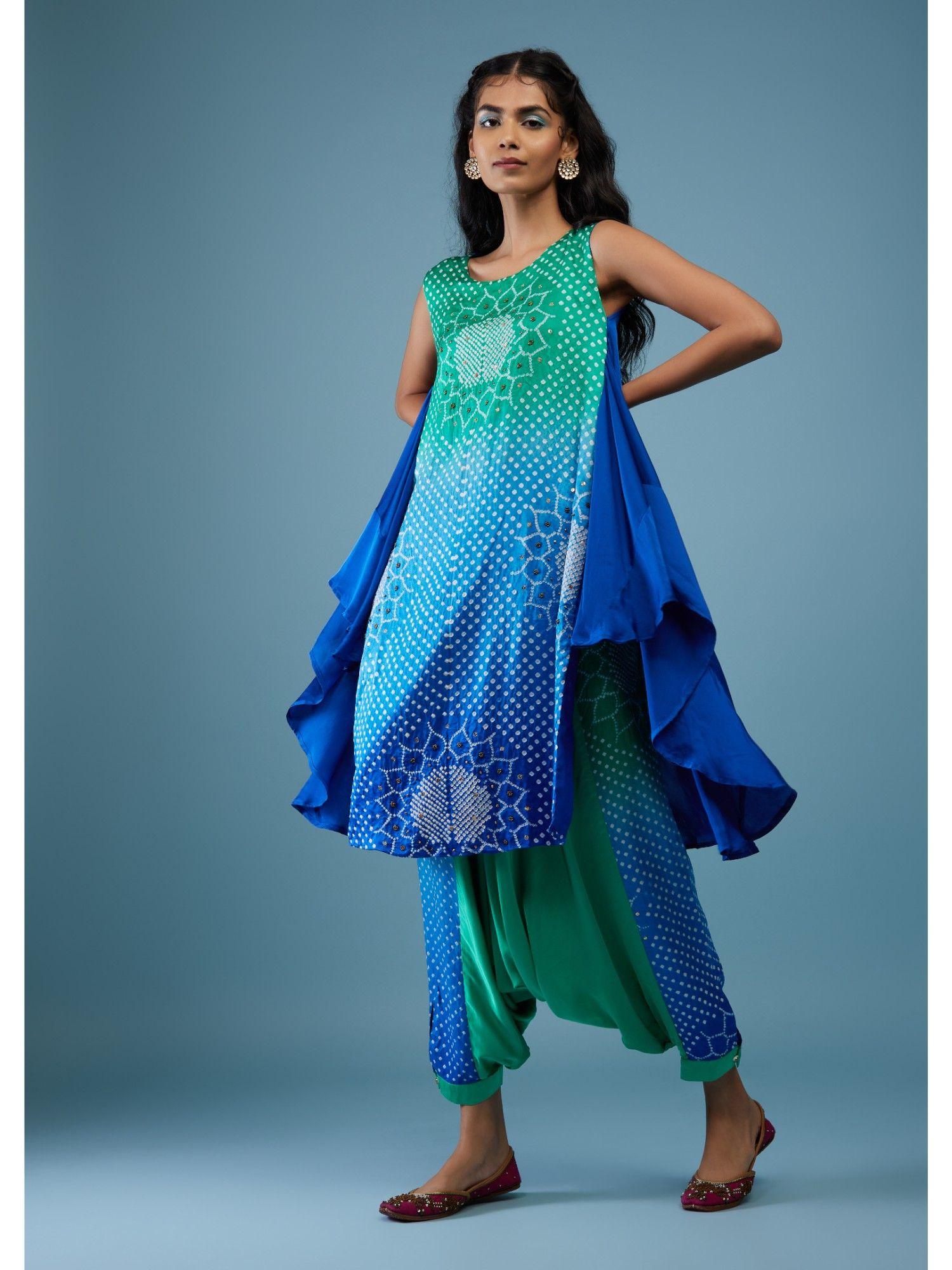 ombre shaded indigo & mint blue bandhani tunic top in gajji silk (set of 2)