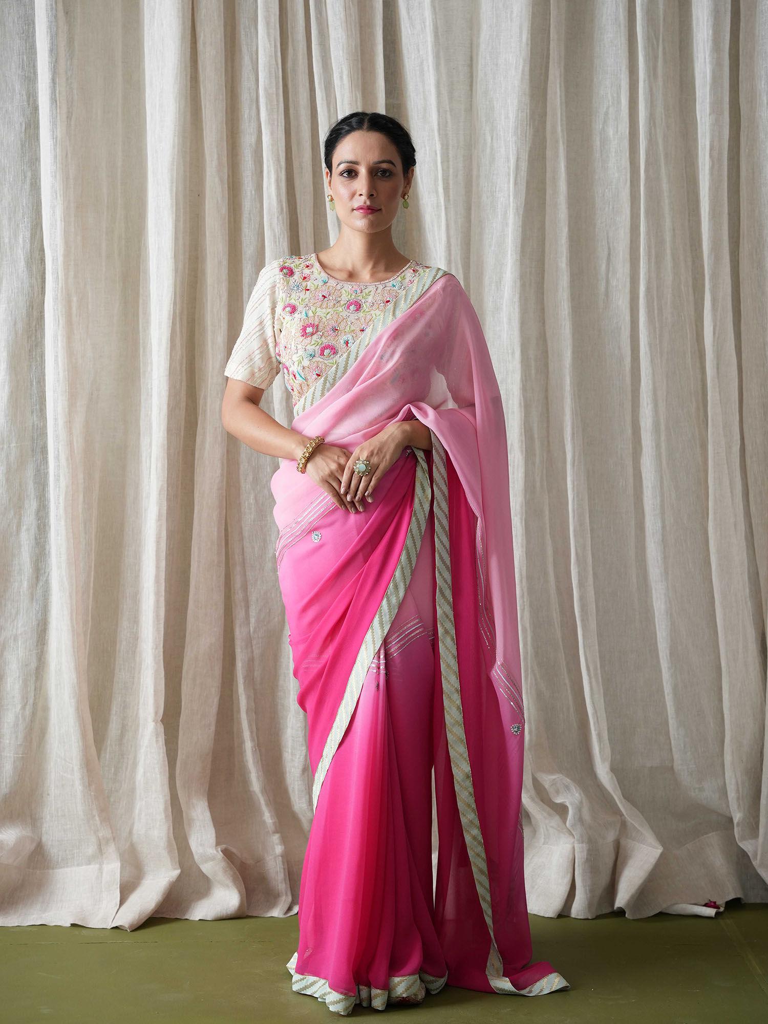 ombre shaded pink georgette embroidered border saree with stitched blouse