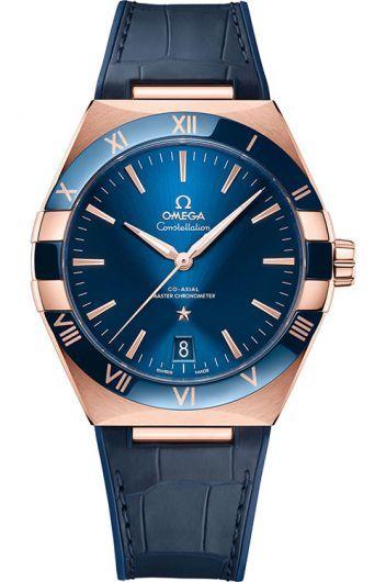 omega constellation blue dial automatic watch with leather strap for men - 131.63.41.21.03.001