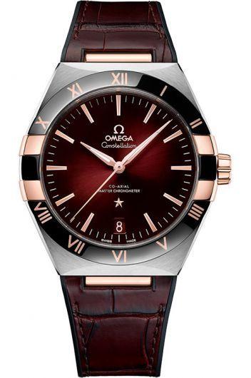 omega constellation red dial automatic watch with leather strap for men - 131.23.41.21.11.001