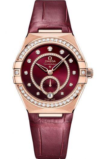 omega constellation red dial automatic watch with leather strap for women - 131.58.34.20.61.001