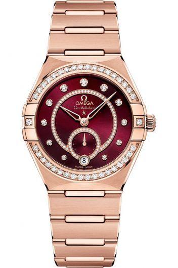 omega constellation red dial automatic watch with rose gold strap for women - 131.55.34.20.61.001
