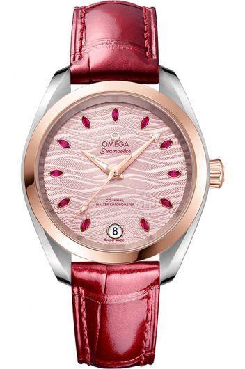 omega seamaster pink dial automatic watch with leather strap for women - 220.23.34.20.60.001