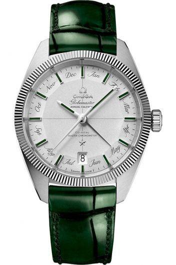 omega constellation grey dial automatic watch with leather strap for men - 130.93.41.22.99.002