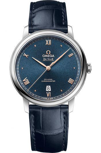 omega de ville blue dial automatic watch with leather strap for men - 424.13.40.20.03.004