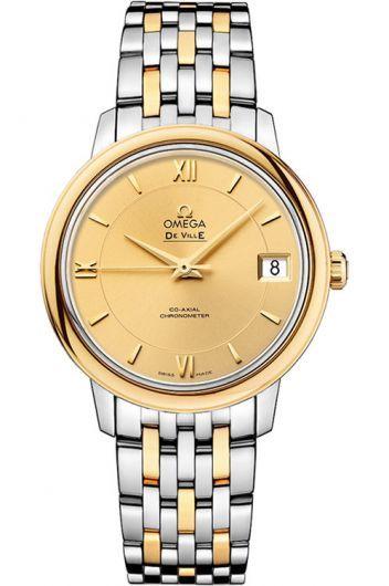 omega de ville yellow dial automatic watch with steel & yellow gold bracelet for women - 424.20.33.20.08.001