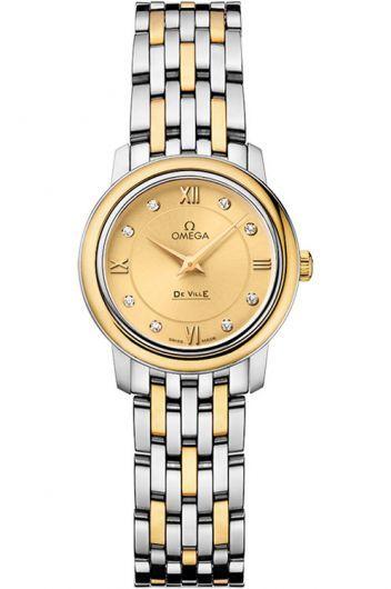 omega de ville yellow dial quartz watch with steel & yellow gold bracelet for women - 424.20.24.60.58.001