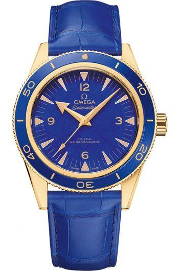 omega seamaster blue dial automatic watch with leather strap for men - 234.63.41.21.99.002