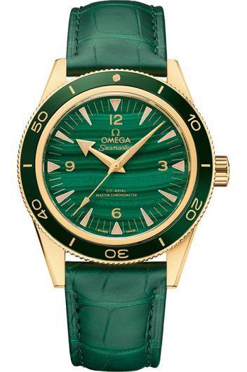 omega seamaster green dial automatic watch with leather strap for men - 234.63.41.21.99.001