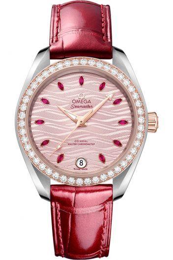 omega seamaster pink dial automatic watch with leather strap for women - 220.28.34.20.60.001