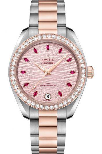 omega seamaster pink dial automatic watch with steel & rose gold bracelet for women - 220.25.34.20.60.001