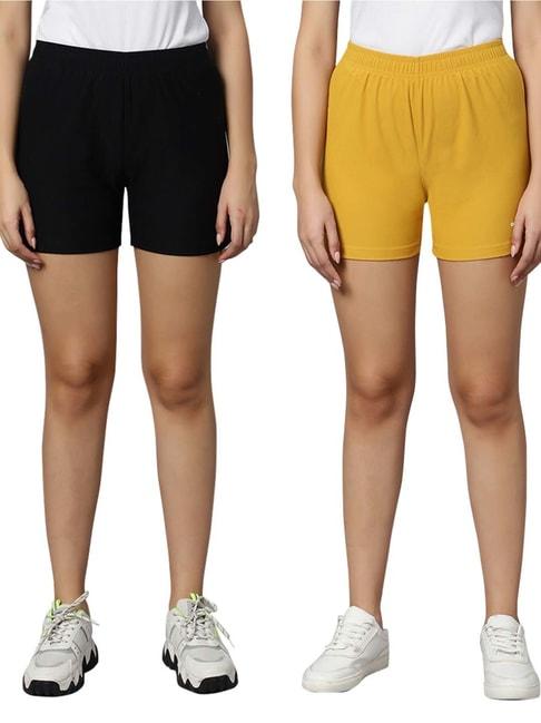 omtex mustard & black mid rise sports shorts - pack of 2