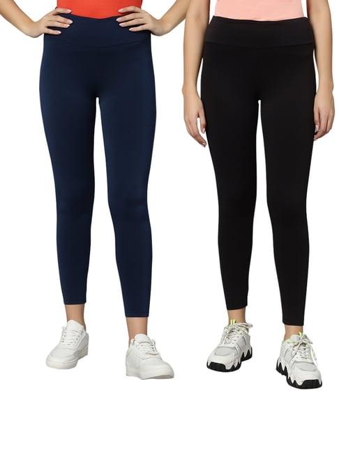 omtex black & navy mid rise sports tights - pack of 2