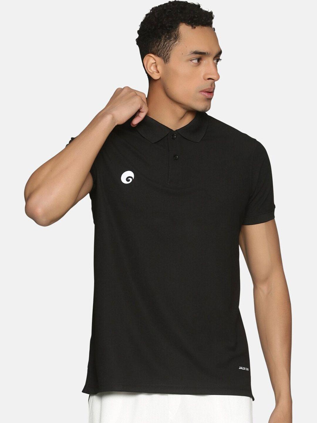 omtex men black solid cotton polo collar t-shirt