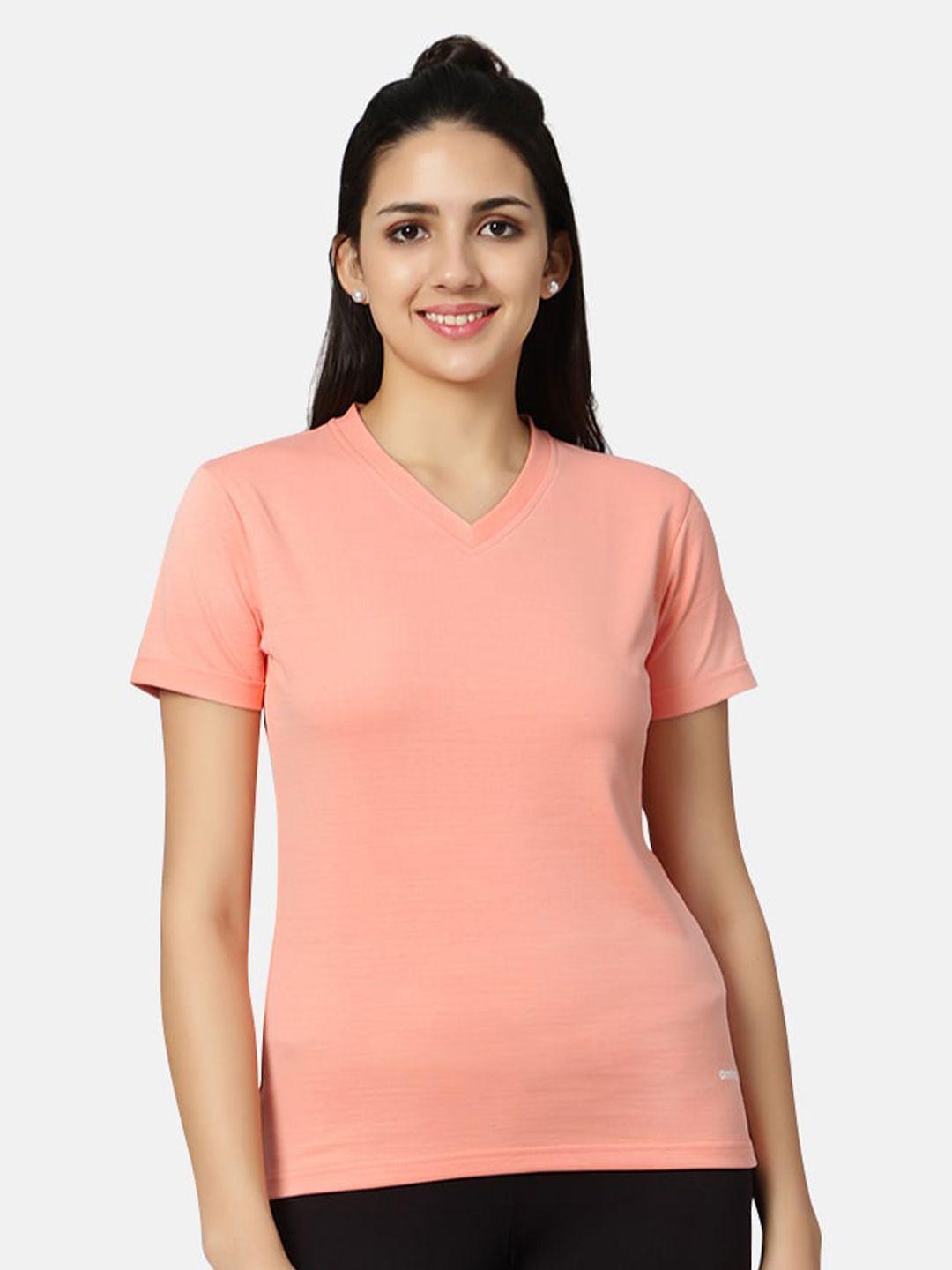 omtex women peach-coloured v-neck pockets t-shirt