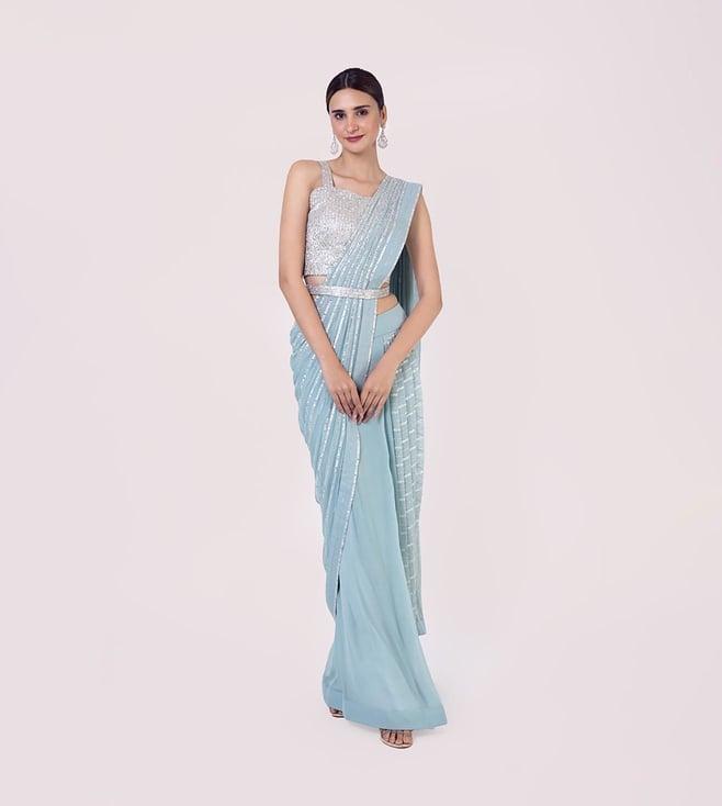 onaya dusty blue drape saree