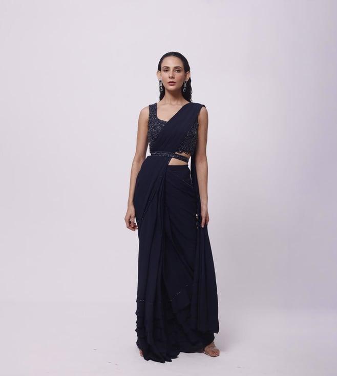 onaya navy blue drape saree