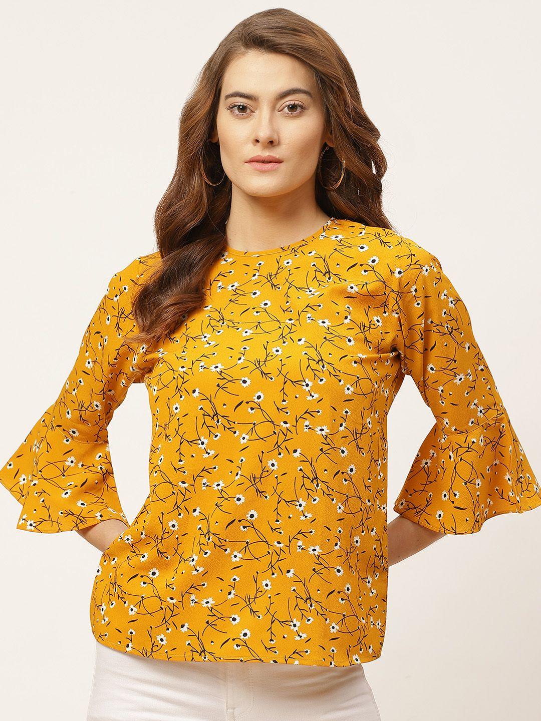 one femme mustard yellow & black floral printed bell sleeves crepe regular top