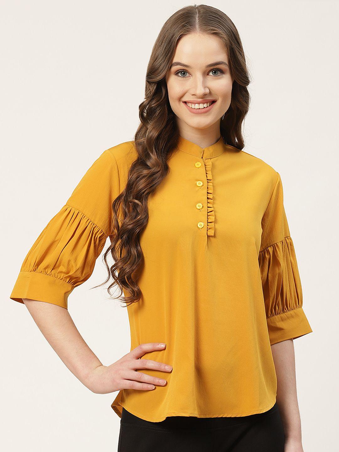 one femme mustard yellow mandarin collar puff sleeves crepe top