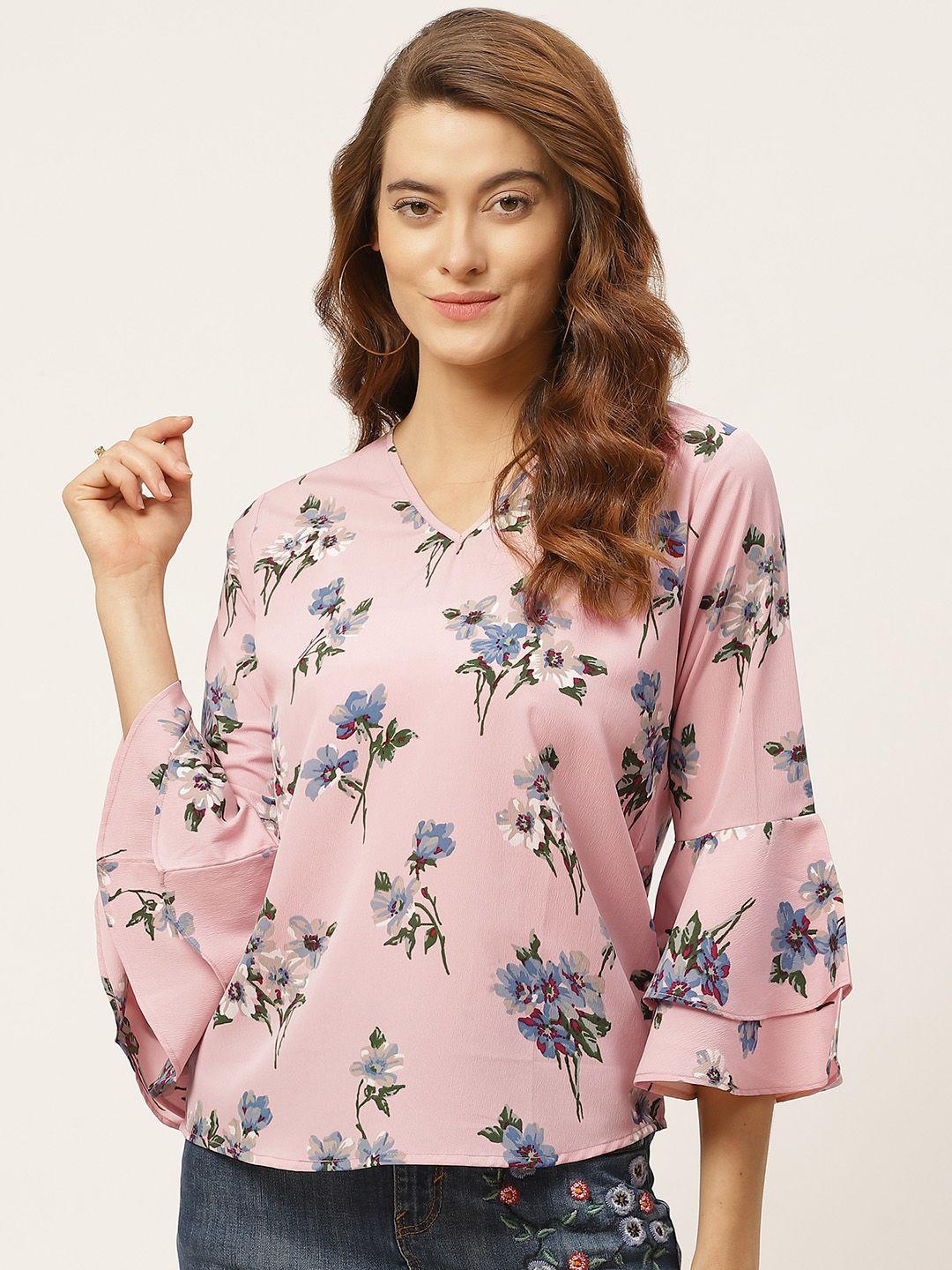 one femme pink & blue floral printed bell sleeves regular top