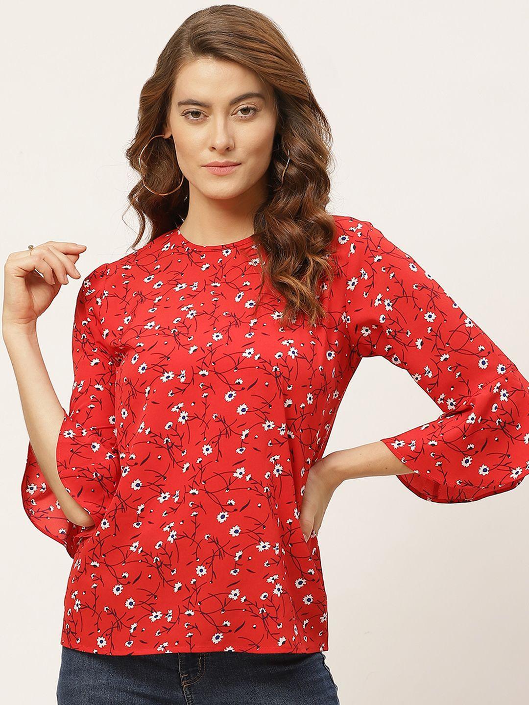 one femme red & white floral printed bell sleeves crepe regular top