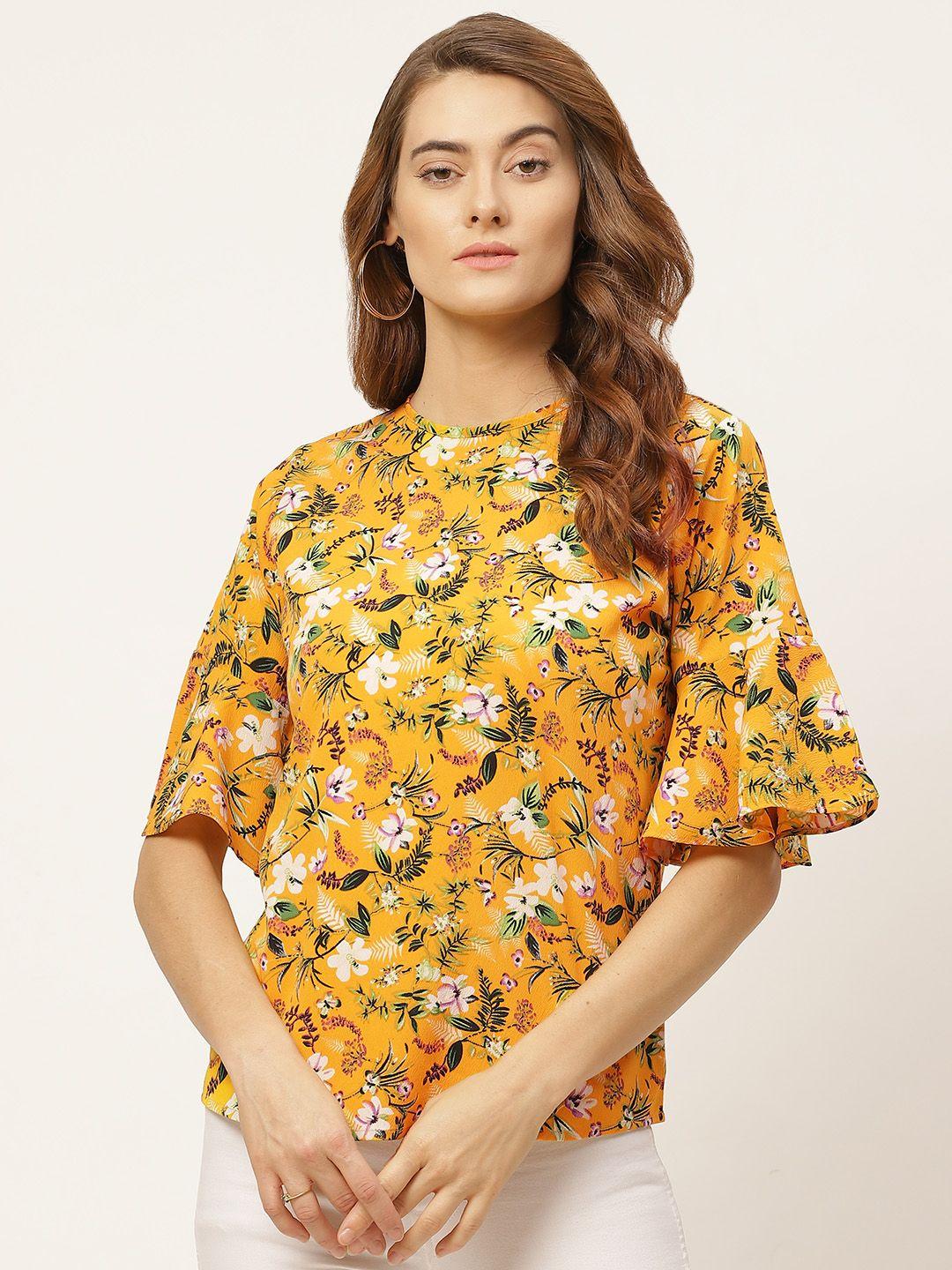 one femme yellow & white floral printed flared sleeves regular top
