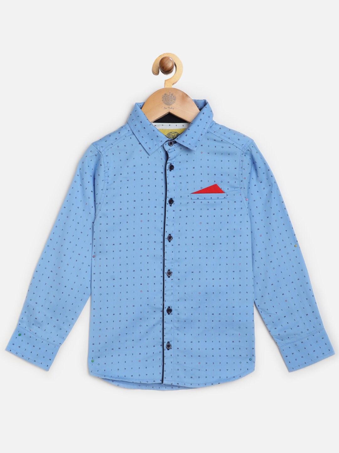 one friday boys blue comfort printed pure cotton casual shirt